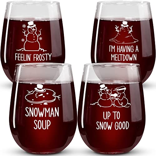 Snowman Printed Stemless Wine Glass Set of 4 - Christmas Cocktail Glasses and Drinkware by On The Rox Drinks