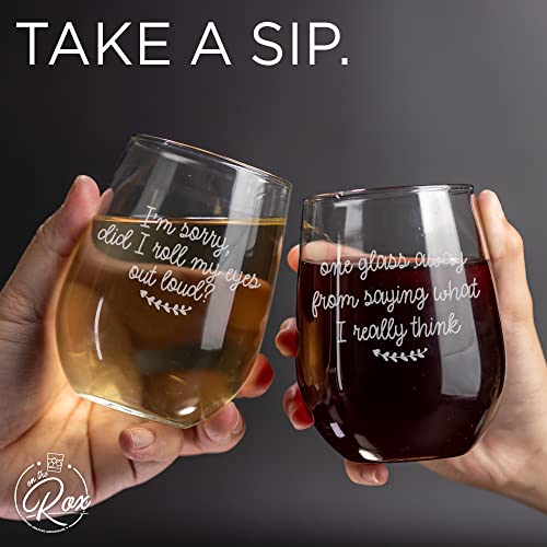 On The Rox Drinks Wine Gifts for Moms - 17oz “One Glass Away” and “Roll Eyes Stemless Wine Glass Set of 2