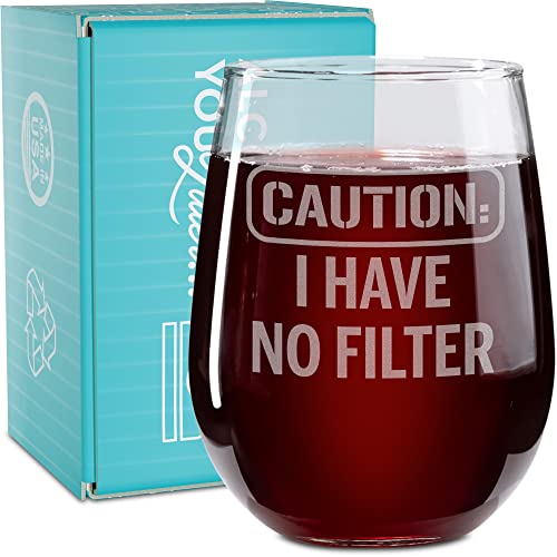 On The Rox Drinks Wine Gifts for Mom - 17 Oz Caution: I Have No Filter Engraved Stemless Wine Glass