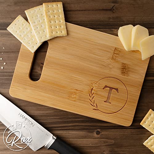 On The Rox Monogrammed Cutting Boards - 9” x 12” A to Z Personalized Engraved Bamboo Board (T) - Large Customized Wood Cutting Board with Initials - Wooden Custom Charcuterie Board Kitchen Gifts