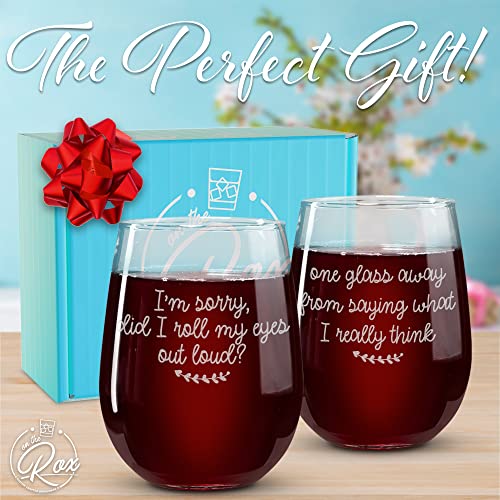 On The Rox Drinks Wine Gifts for Moms - 17oz “One Glass Away” and “Roll Eyes Stemless Wine Glass Set of 2