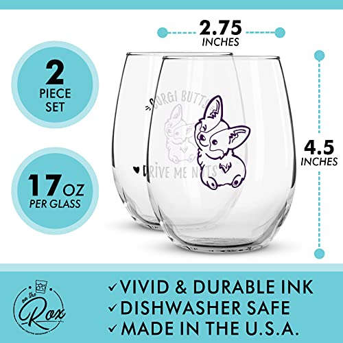 Corgi Gifts for Corgi Lovers - "Corgi B*tts Drive Me Nuts" Colored Stemless Wine Glass Set of 2 - Corgi Tumbler, Corgi Decor, Corgi Stuff - Corgi Wine Glass by On The Rox Drinks