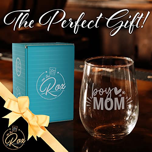 On The Rox Drinks Wine Gifts for Mom- 17Oz “Boy Mom” Engraved Stemless Wine Glass