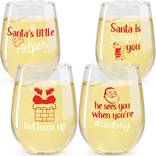 Santa Printed Stemless Wine Glass Set of 4 - Christmas Cocktail Glasses and Drinkware by On The Rox Drinks