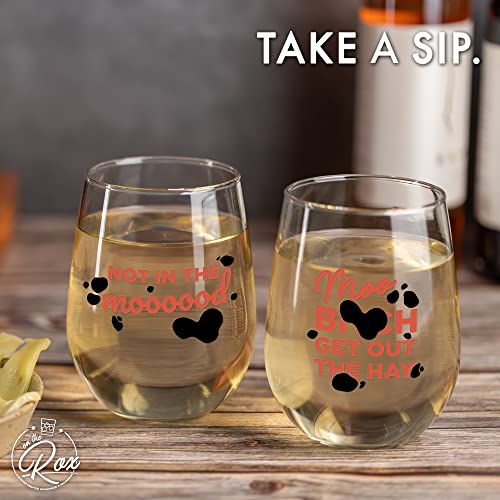 Fun Cow Gifts for Cow Lovers - "Not In The Mood" "Moo, B***h Get Out The Hay" 17 Oz 2PC Stemless Wine Glass Set, Colored - Fun Cow Glasses - Cute Cow Stuff, Cow Cups - Cow Themed Gifts for Women