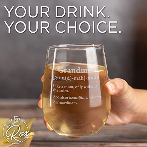 On The Rox Drinks Wine Gifts for Grandmothers- 17 Oz Grandma: Like A Mom, Only Without The Rules Engraved Stemless Wine Glass
