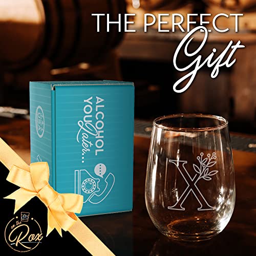 On The Rox Drinks Monogrammed Gifts For Women and Men - Letter A-Z Initial Engraved Monogram Stemless Wine Glass - 17 Oz Personalized Wine Glifts For Women and Men (X)
