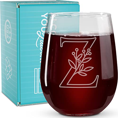On The Rox Drinks Monogrammed Gifts For Women and Men - Letter A-Z Initial Engraved Monogram Stemless Wine Glass - 17 Oz Personalized Wine Glifts For Women and Men (Z)