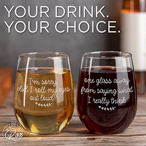 On The Rox Drinks Wine Gifts for Moms - 17oz “One Glass Away” and “Roll Eyes Stemless Wine Glass Set of 2