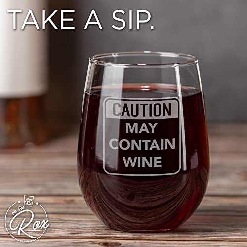 On The Rox Drinks Wine Gifts for Mom - 17 Oz Caution: May Contain Wine Engraved Stemless Wine Glass