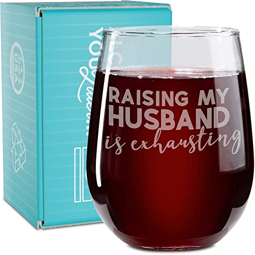 On The Rox Drinks Wine Gifts for Mom - 17 Oz Raising My Husband Is Exhausting Engraved Stemless Wine Glass