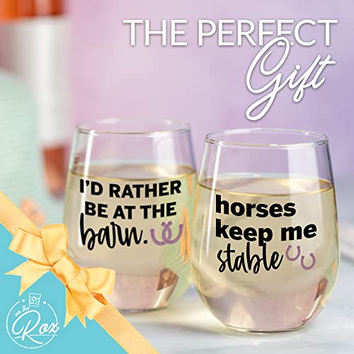 Horse Gifts for Horse Lovers - “Horses Keep Me Stable” “I’d Rather Be At The Barn” 17Oz 2PC Stemless Wine Glass Set, Colored - Funny Horse Gifts For Women - Horse Cup/Tumbler for Horse Lovers