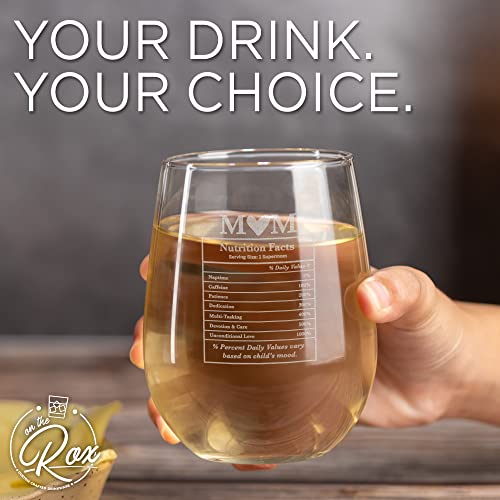 On The Rox Drinks Wine Gifts for Mom- 17Oz “Mom Nutrition Facts” Engraved Stemless Wine Glass