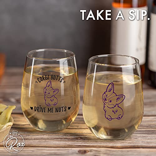 Corgi Gifts for Corgi Lovers - "Corgi B*tts Drive Me Nuts" Colored Stemless Wine Glass Set of 2 - Corgi Tumbler, Corgi Decor, Corgi Stuff - Corgi Wine Glass by On The Rox Drinks