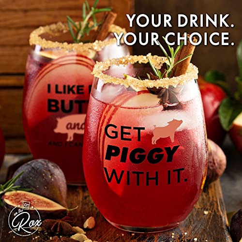 Pig Gifts for Pig Lovers - “Get Piggy With It” “I Like Pig Butts and I Cannot Lie” 17 Oz 2PC Stemless Wine Glass Set, Colored - Pig Glasses for Women - Pig Cup, Pig Mug - Pig Themed Glasses