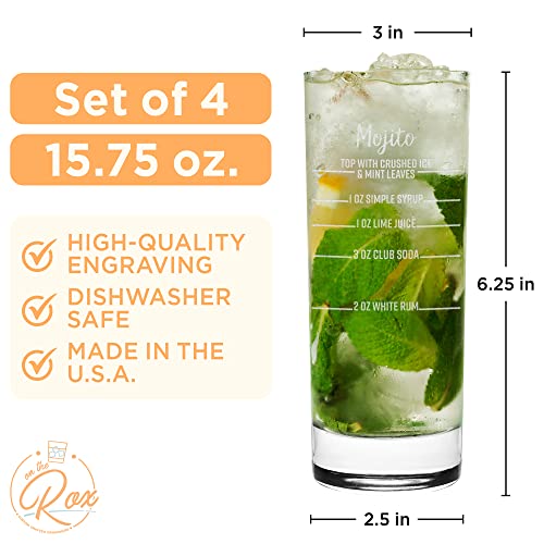 On The Rox Drinks Cocktail Recipe Highball Glasses - 15.75 Oz Cocktail Party Drinking Glasses, Set of 4 - Tall Tom Collins, Mixed Drink, Cocktail Glasses - Fancy Alcoholic Barware Glassware Drinkware