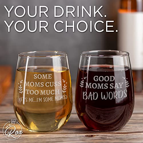 On The Rox Drinks Wine Gifts for Moms - 17oz Good Moms and Some Moms Stemless Wine Glass Set of 2