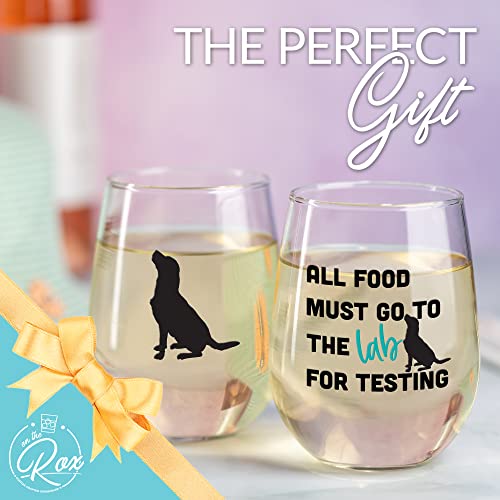 Labrador Gifts for Labrador Lovers- "All Food Must Go To The Lab For Testing" Colored Stemless Wine Glass Set of 2 - Chocolate Lab Wine Glass - Dog Face, Black Labrador Gifts by On The Rox Drinks