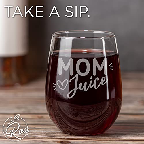 On The Rox Drinks Wine Gifts for Mom- 17Oz “Mom Juice” Engraved Stemless Wine Glass