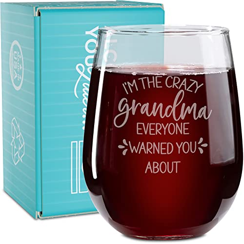 On The Rox Drinks Wine Gifts for Granny - 17 Oz I’m The Crazy Grandma That Everyone Warned You About Engraved Stemless Wine Glass