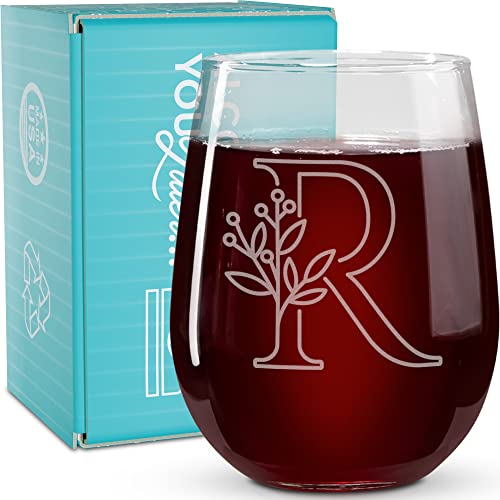 On The Rox Drinks Monogrammed Gifts For Women and Men - Letter A-Z Initial Engraved Monogram Stemless Wine Glass - 17 Oz Personalized Wine Glifts For Women and Men (R)