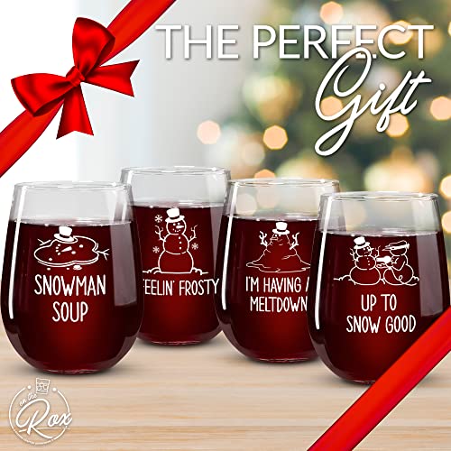 Snowman Printed Stemless Wine Glass Set of 4 - Christmas Cocktail Glasses and Drinkware by On The Rox Drinks