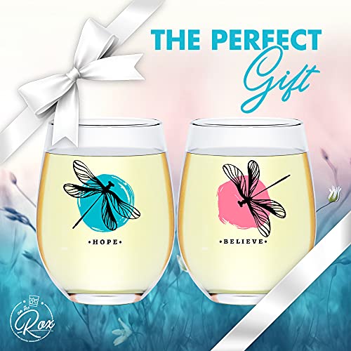 Dragonfly Gifts for Women - Stemless Wine Glass 2 Pc Set - 17 Oz
