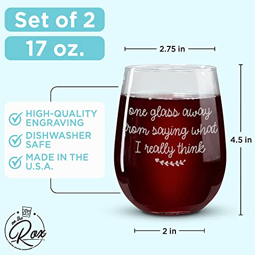 On The Rox Drinks Wine Gifts for Moms - 17oz “One Glass Away” and “Roll Eyes Stemless Wine Glass Set of 2