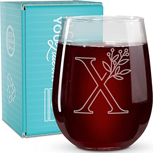 On The Rox Drinks Monogrammed Gifts For Women and Men - Letter A-Z Initial Engraved Monogram Stemless Wine Glass - 17 Oz Personalized Wine Glifts For Women and Men (X)