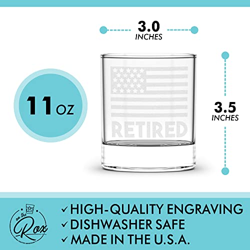 On The Rox Retirement Gifts For Men and Women - Permanently Engraved 11 oz Glass - USA Flag Glass Military Retirement Gift Idea- Wish A Happy Retirement for Army/Navy/Airforce/Marines/Coast Guard