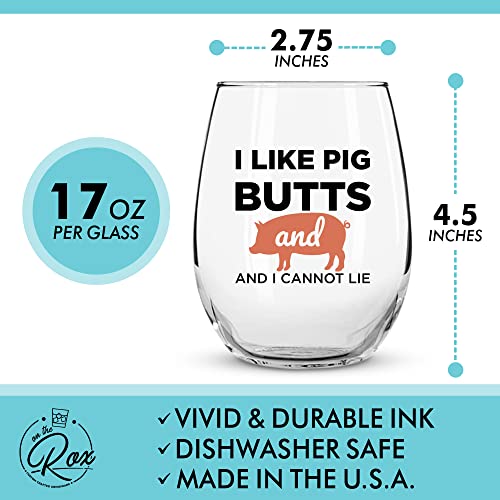 Pig Gifts for Pig Lovers - “Get Piggy With It” “I Like Pig Butts and I Cannot Lie” 17 Oz 2PC Stemless Wine Glass Set, Colored - Pig Glasses for Women - Pig Cup, Pig Mug - Pig Themed Glasses