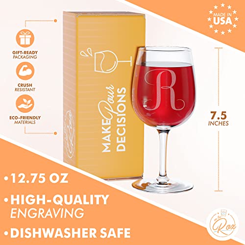 On The Rox Drinks Monogrammed Gifts for Women - A-Z Personalized Wine Glasses Engraved- 12.75 Oz (R)