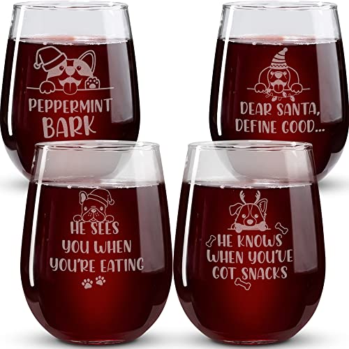 Dog Holiday Stemless Wine Glass Set of 4 - Christmas Cocktail Glasses and Drinkware - Wine Gift Sets for Christmas by On The Rox Drinks