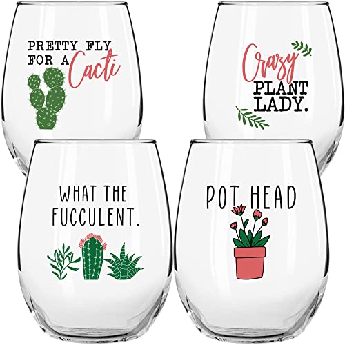 Succulent Plant Cactus Wine Gifts for Women- Set of 4 Funny Wine Glasses 15oz - Plant Lover Gift Mug - What the Fucculent- Crazy Plant Lady Glass Tumbler - Stemless Glasses Housewarming Gift