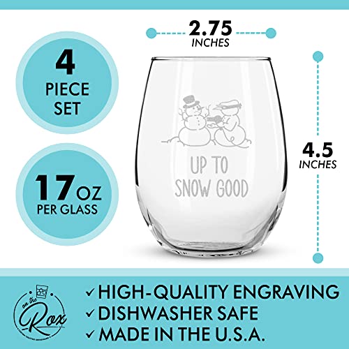 Snowman Holiday Stemless Wine Glass Set of 4 - Christmas Cocktail Glasses and Drinkware - Wine Gift Sets for Christmas by On The Rox Drinks