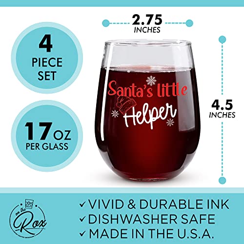 Santa Printed Stemless Wine Glass Set of 4 - Christmas Cocktail Glasses and Drinkware by On The Rox Drinks
