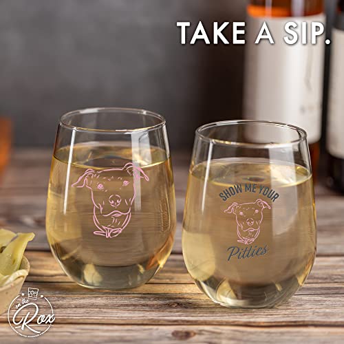 Wine Pitbull Gift for Pitbull Lovers - "Show Me Your Pitties" Colored Stemless Wine Glass Set of 2 - Funny Pit Bull Dog Lover Gift for Mom Grandma - Cute Pet Wine Glass for Women by On The Rox Drinks