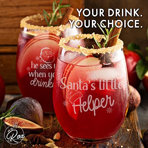 Santa Holiday Stemless Wine Glass Set of 4 - Christmas Cocktail Glasses and Drinkware - Wine Gift Sets for Christmas by On The Rox Drinks