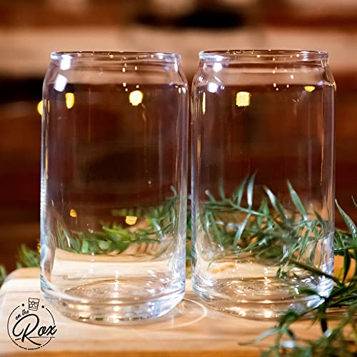 On The Rox Drinks Beer Can Glasses Set of 4- Can Shaped Beer Glass Cups - Holds 16 Oz- Cork Coasters Included in Set- Soda Pop Can Shaped Beer Glasses are Nucleated for Better Tasting Beer