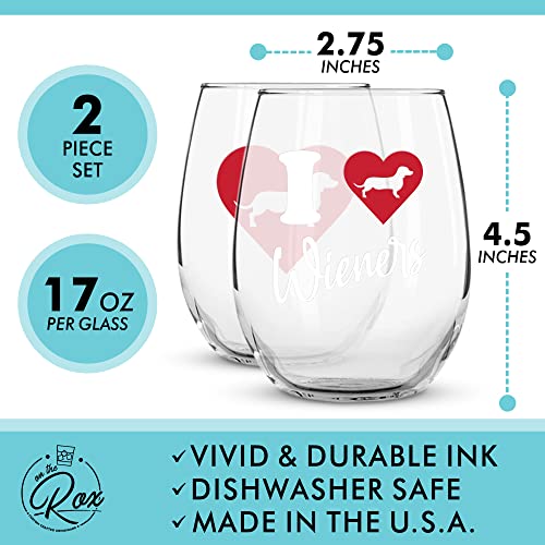 Dachshund Gifts for Dog Lovers - "I Love Wieners" Colored Stemless Dog Wine Glass Set of 2 - Funny Cup, Tumbler, Stuff for Pet-Loving Mom, Grandma - Weenie Dog Gifts For Women by On The Rox Drinks