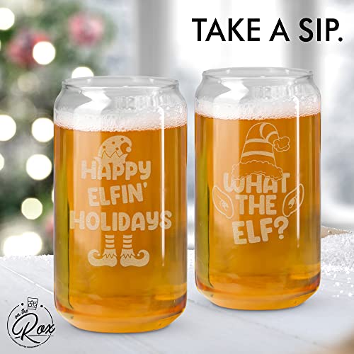 Beer Glasses -  Elf Holiday Beer Can Glass Set of 4 - Christmas Drinking Glasses and Drinkware