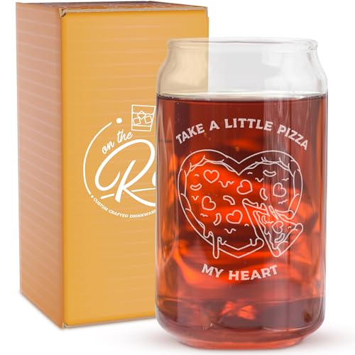 On The Rox Drinks Valentines Day Gift For Him Her Engraved 16oz Beer Soda Can Glass - Set of 1 (Pizza My Heart)