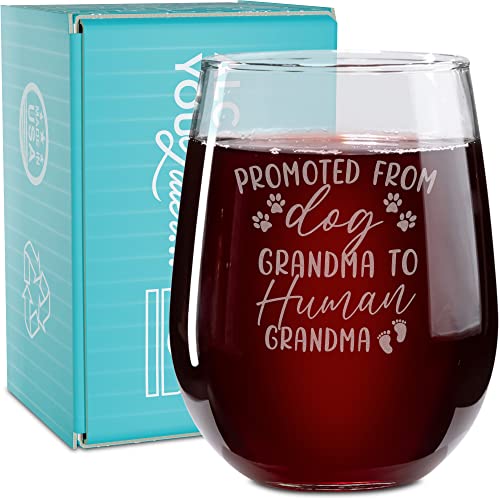 On The Rox Drinks Wine Gifts for Grandmoms- 17 Oz Promoted From Dog Grandma To Human Grandma Engraved Stemless Wine Glass