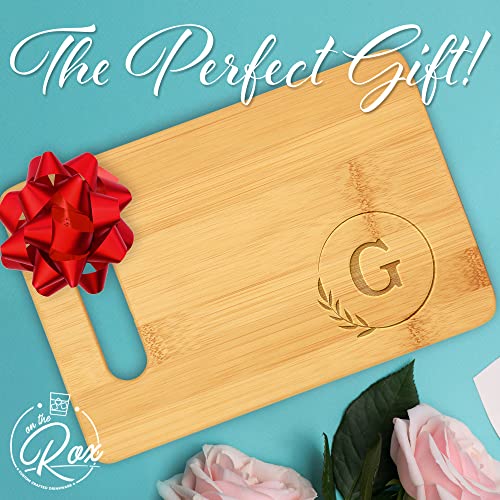 On The Rox Monogrammed Cutting Boards - 9” x 12” A to Z Personalized Engraved Bamboo Board (G) - Large Customized Wood Cutting Board with Initials - Wooden Custom Charcuterie Board Kitchen Gifts