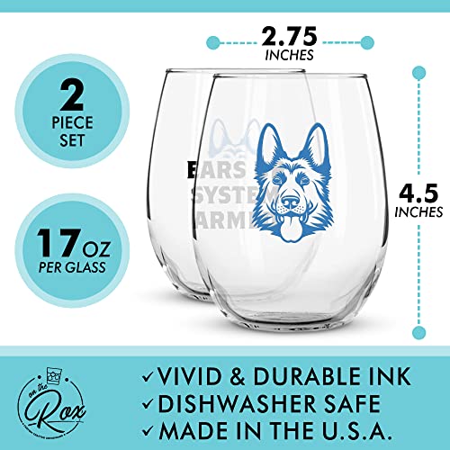 German Shepherd Gifts for Dog Lovers - "Ears Up System Armed" Colored Stemless Wine Glass Set of 2 - Funny Dog Wine Glasses for Men and Women by On The Rox Drinks