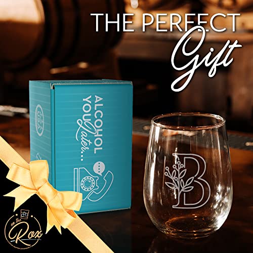 On The Rox Drinks Monogrammed Gifts For Women and Men - Letter A-Z Initial Engraved Monogram Stemless Wine Glass - 17 Oz Personalized Wine Glifts For Women and Men (B)