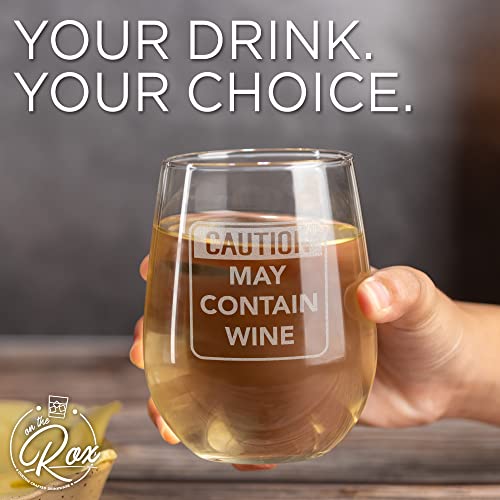 On The Rox Drinks Wine Gifts for Mom - 17 Oz Caution: May Contain Wine Engraved Stemless Wine Glass