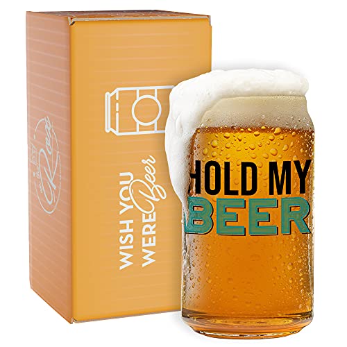 Funny Beer Glass- Hold My Beer- 16 Ounces Funny Beer Drinking Glass - Gift for Dad - Novelty Pint Beer Glasses Unique Gift for Men- Funny Beer Mugs for Men and Women - Novelty Beer Merchandise