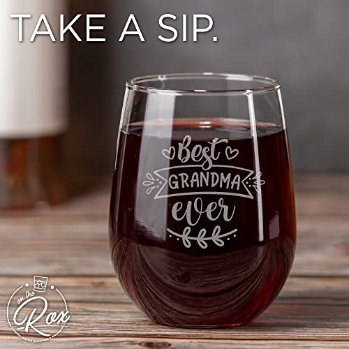 On The Rox Drinks Wine Gifts for Grandmother - 17 Oz Best Grandma Ever Engraved Stemless Wine Glass