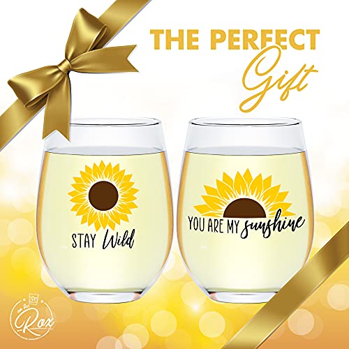 Sunflower Wine Glasses Set of 2 - You Are My Sunshine - 17 Oz
